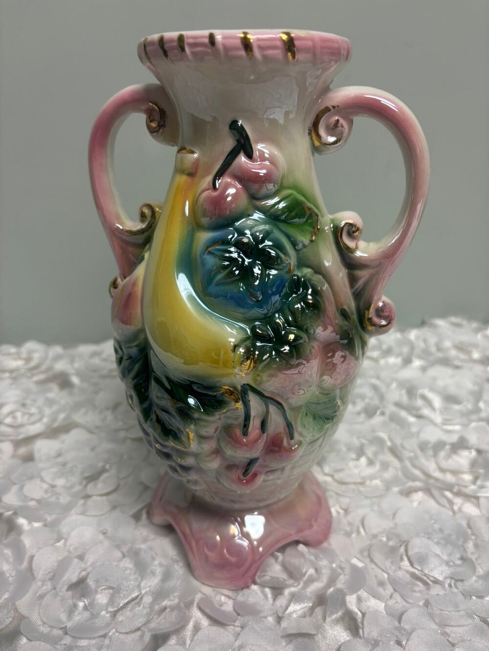 Vintage Majolica Lusterware Fruit Vase Double Handled Iridescent Ceramic 10"